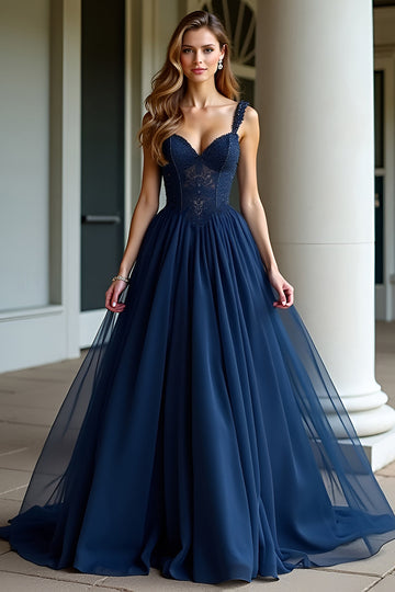 Navy Spaghetti Straps A Line Long Formal Dress with Lace